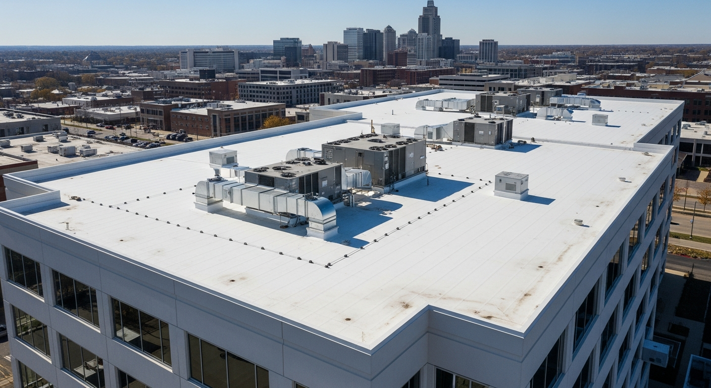 Lincoln NE commercial TPO flat roof Aerial view of Lincoln NE commercial flat roof with new white TPO membrane installation
