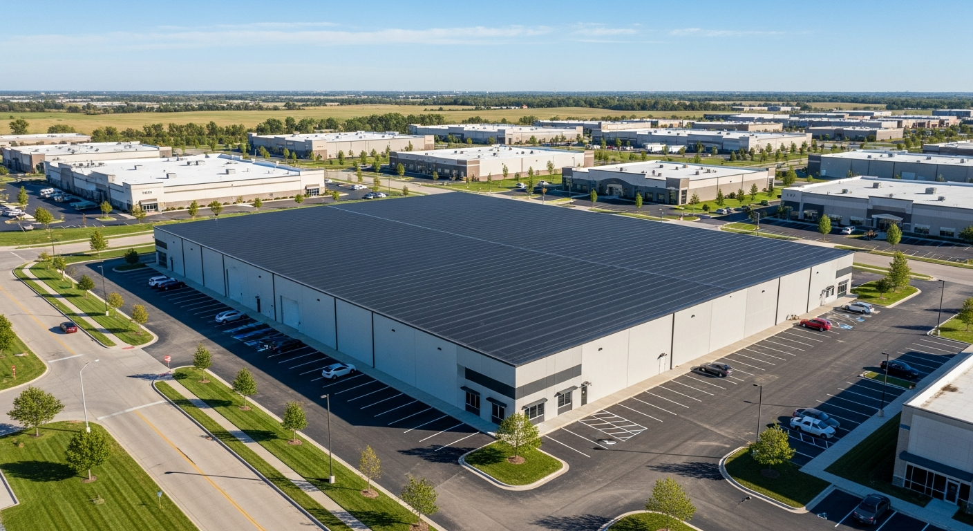 Lincoln NE commercial warehouse roof replacement Aerial photo of a Lincoln NE commercial warehouse with new EPDM flat roof system