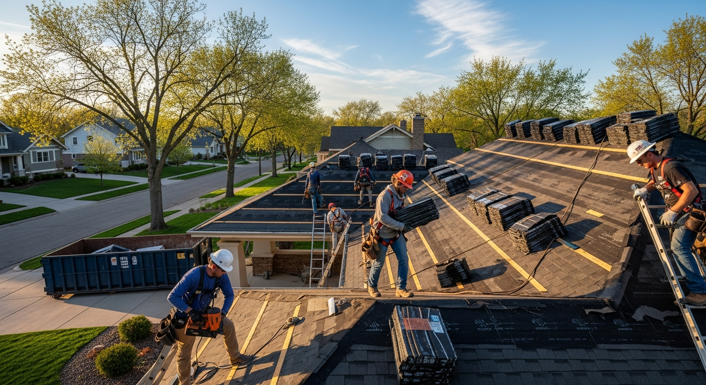 Roof Replacement Lincoln — Residential & Commercial Roofing Hero Roof replacement Lincoln NE — professional crew installing a new architectural asphalt shingle roof on a Lincoln Nebraska family home
